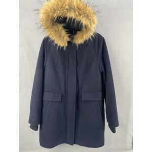 Vintage Tommy Hilfiger Parka Coat Womens Medium Navy Faux Fur Hood Wool‎ Y2K